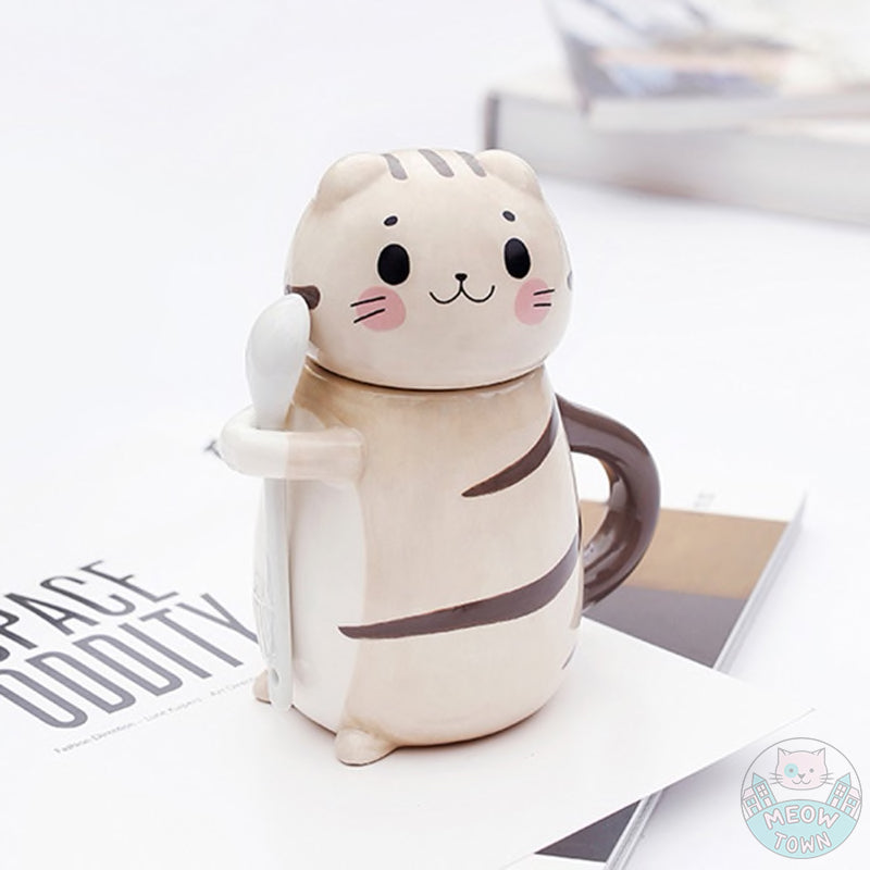 Super cute ceramic cat jug with spoon Cute cream / cookie colour kitty painting Perfect jug for coffee, tea, or use it as a container for sugar, salt.