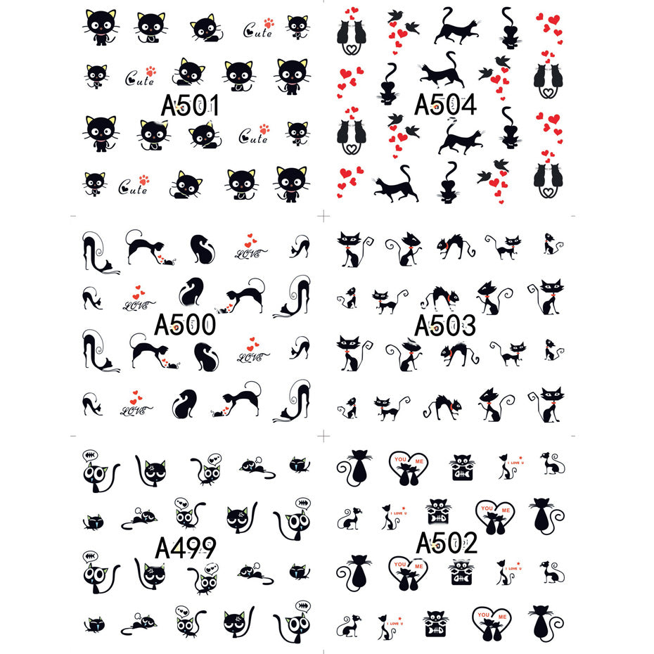 A pawsome set of water slider nail decals with cute black kitties. Hundreds of adorable black cats in various designs, 12 sets of stickers in total! A perfect accessory for the Festive season/ Halloween party, or everyday use for any black cat lover ladies! nail stickers