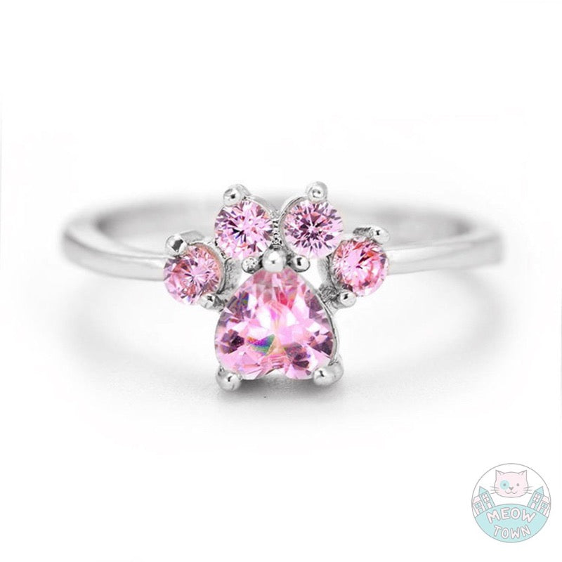 paw ring silver pink stone clear stone gift jewellery for cat lovers