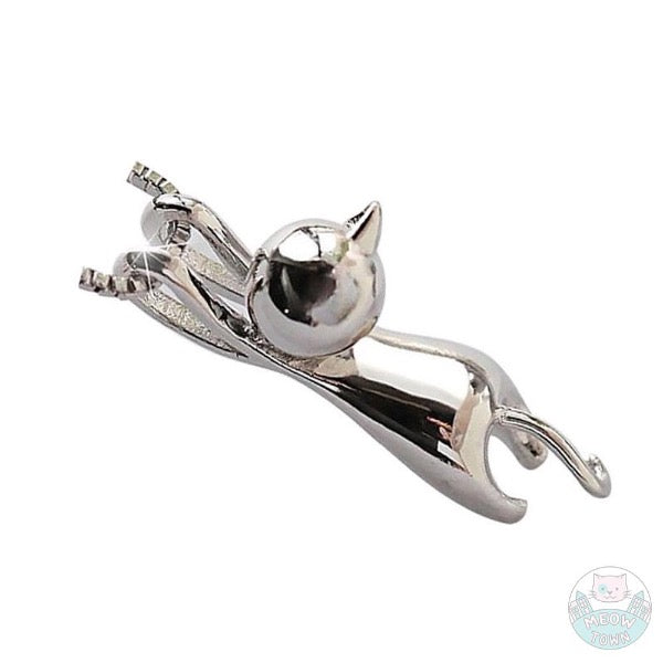 Cute hanging kitten pendant necklace for cat lovers. Silver colour polished jewellery