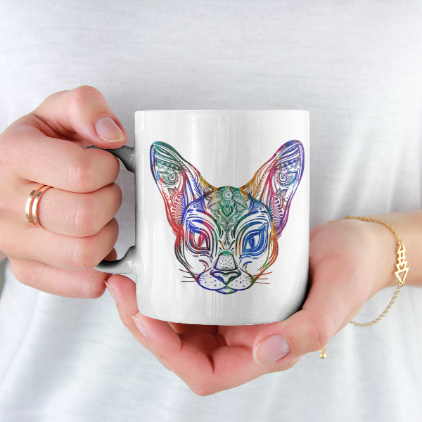 Meow Town Special Made only for You in the UK, production time is currently 3 working days. Ceramic mug with beautiful, multicolour Sphynx design