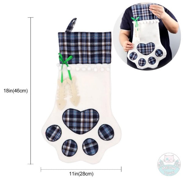 Paw christmas stocking for cats and cat lovers fish bow plaid pattern
