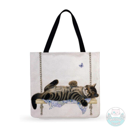 linen natural colour tote bag kitten sleeping laying chilling with butterfly black handles for cat lovers