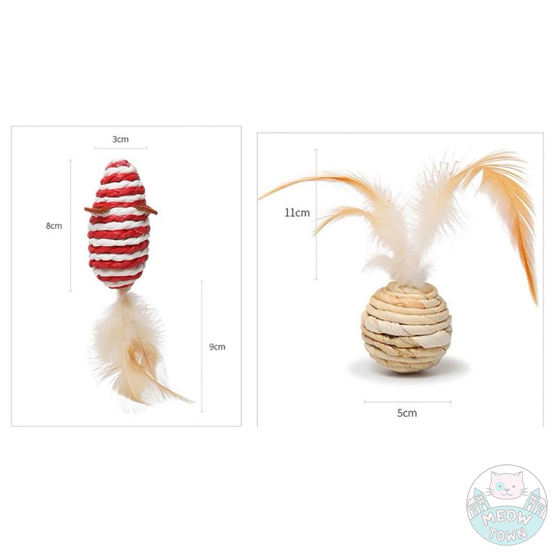 A fantastic collection of cat toys including a teaser wand, refill toy, sisal mice and ball with feather. One box contains 7pcs toys Material: Wood, sisal, linen, feather