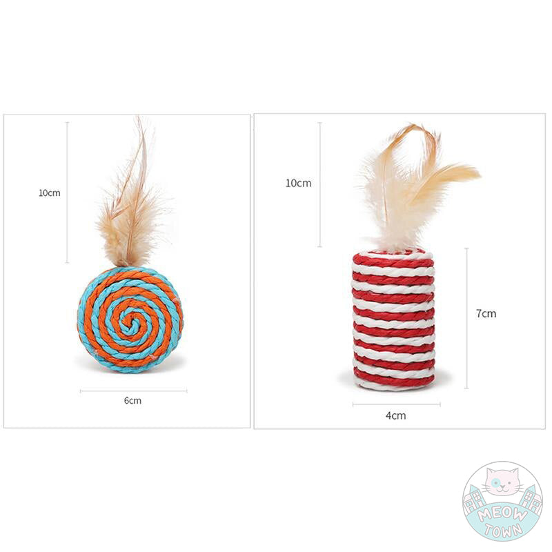 A fantastic collection of cat toys including a teaser wand, refill toy, sisal mice and ball with feather. One box contains 7pcs toys Material: Wood, sisal, linen, feather