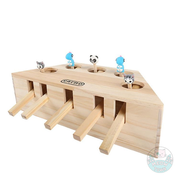 Whack-a-mole style quality wooden interactive cat and human toy great indoor fun for adult cats and kittens too. Cartoon figures 5 holes close up white background