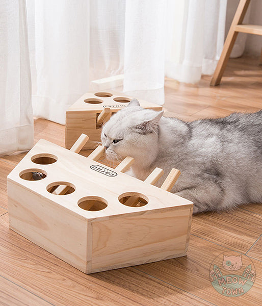 Whack-a-mole style quality wooden interactive cat and human toy great indoor fun for adult cats and kittens too. Cartoon figures 5 holes