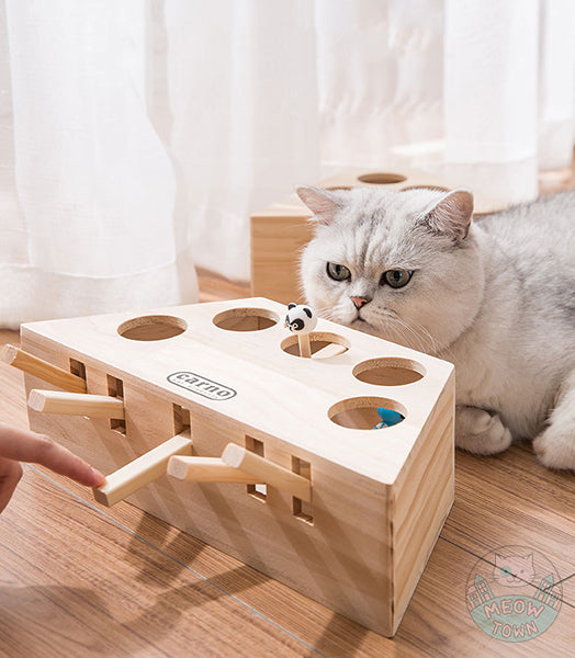 Whack-a-mole style quality wooden interactive cat and human toy great indoor fun for adult cats and kittens too. Cartoon figures 5 holes