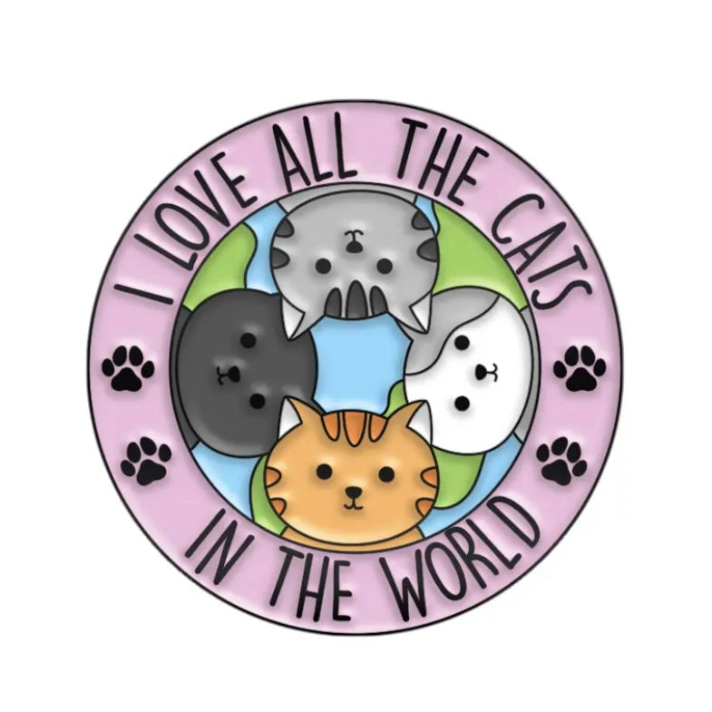 Cute ‘I Love All The Cats In The World’ enamel pin badge. Lovely cheer me up gift for your friends, colleagues and family, or a purrfect stocking filler for a cat lover.