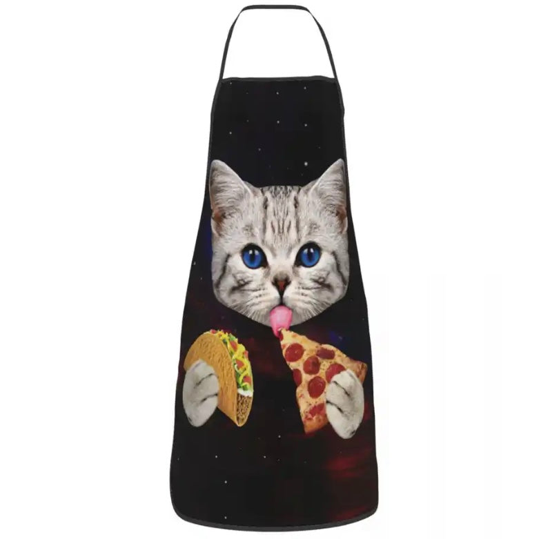 If you like cooking and baking, and you are a crazy cat lover, then a cat apron is a MUST have accessory for you.  This cute apron has a tabby kitty with pizza and taco print, on black background.