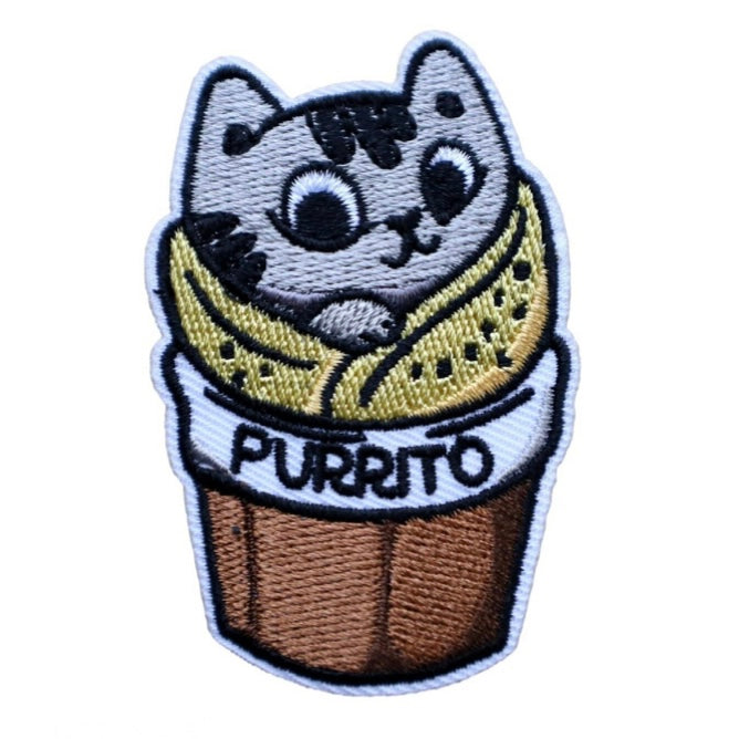 Adorable embroidered iron-on purrito cat patch. A perfect way to bring new life to your old garments or to cover small holes or marks with this cute kitty! Meow town