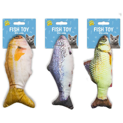 Funny, digital printed realistic fish plush cat toys. One package contains 3pcs of various pattern toys. Filling contains catnip to make it more attractive for your little friend.