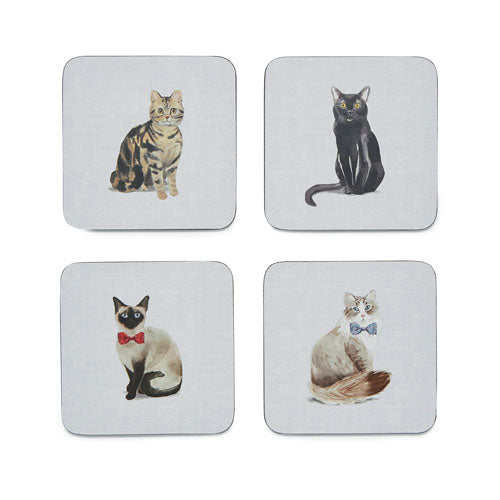 Curious Cats 4pcs coasters bundle from Cooksmart - the purr-fect blend of functionality and feline charm for your home! Crafted with attention to detail, each coaster features an adorable cat illustration.