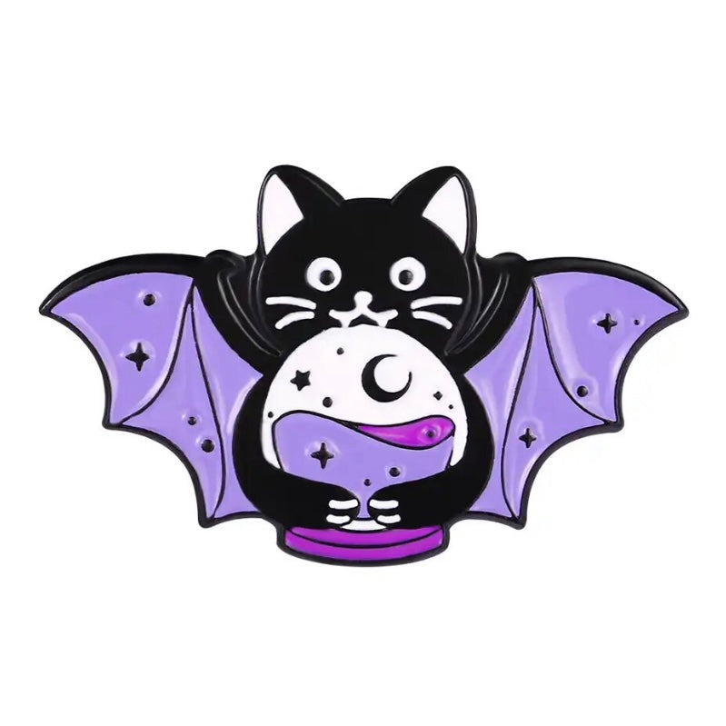 A meowgical enamel pin badge with a cute kitty with bat wings.