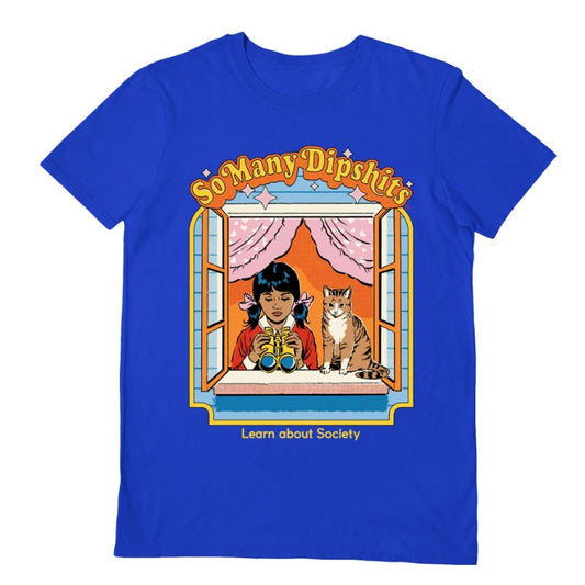 Steven Rhodes’s hilarious ‘So many dipshits’ illustration on high-quality, soft, royal blue cotton T-Shirt, where whimsical artistry meets premium comfort. This classic T-shirt pawsome gift for cat lovers. Funny cat tshirt