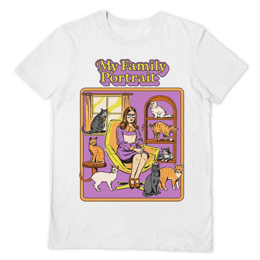 Steven Rhodes’s hilarious ‘My family portrait’ design on high-quality, unisex, soft, white, cotton T-Shirt, where whimsical artistry meets premium comfort. Cat Family portrait