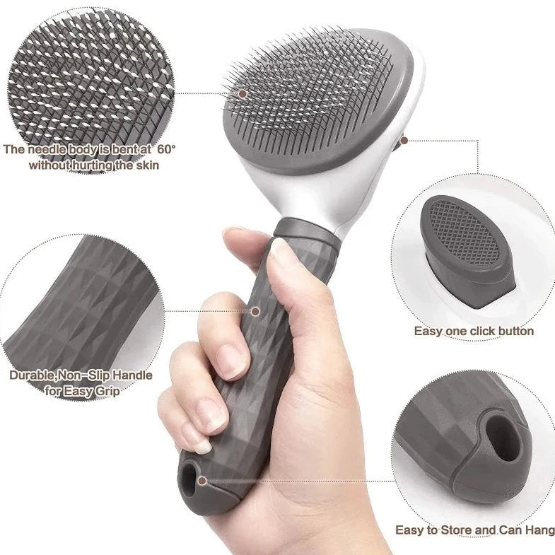 A fabulous self-cleaning slicker cat hair brush to help your furball&nbsp;to remove excess hair. <br>Super easy to clean&nbsp;- simply press the button&nbsp;<span data-mce-fragment="1">to push the hair out of the comb plate, then tear off the hair. Suitable for short and long haired cats as well. <br>It is gentle to your little friend's skin.</span>