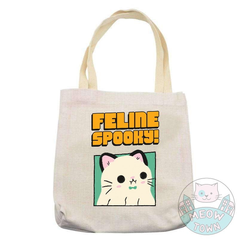 Super cute yet handy tote bag printed in the UK by us at Meow Town exclusively for the festive season. 'Feline spooky' quote with a cute Dracula kitty. Natural beige colour.