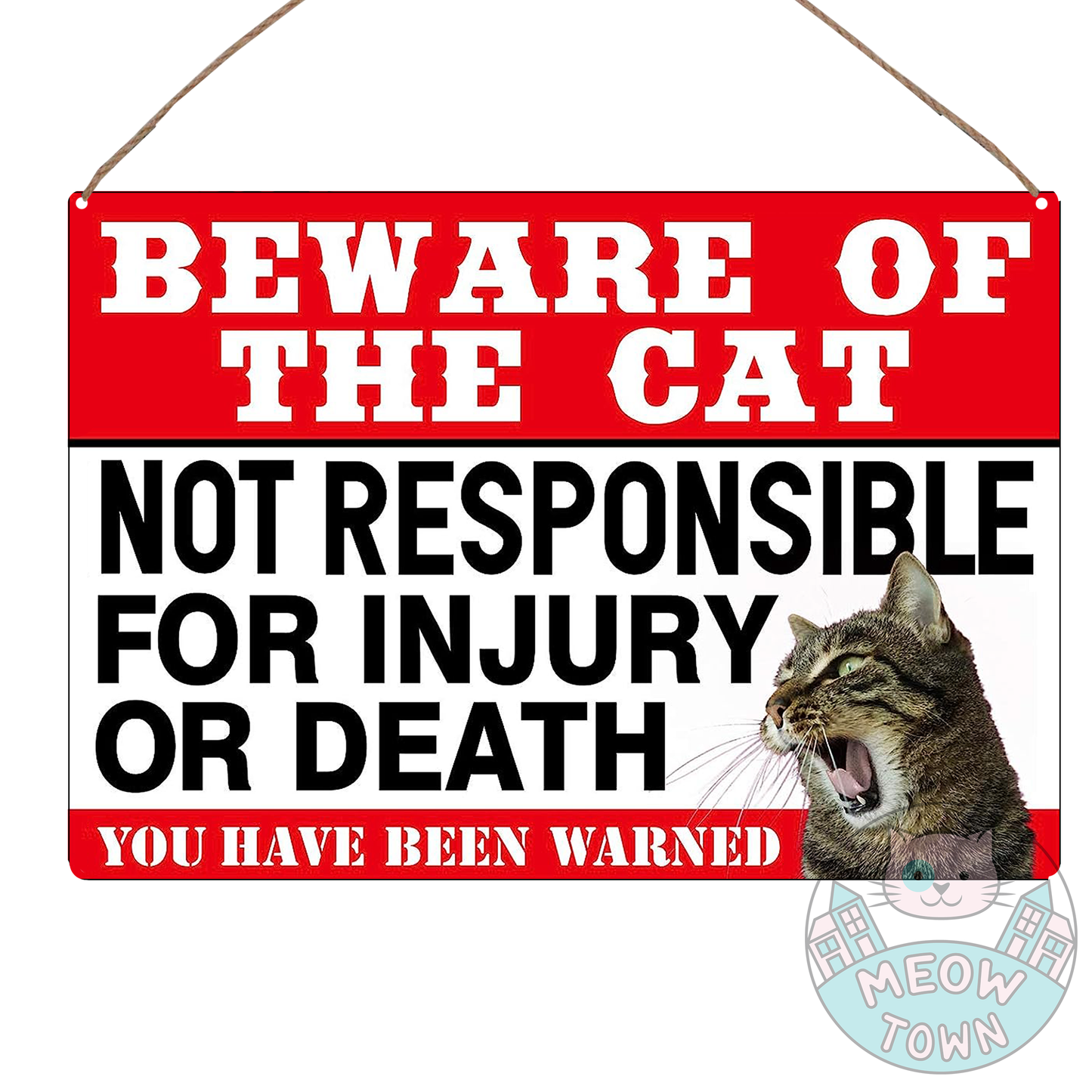 Funny metal wall sign with ‘Beware of the cat - not responsible for injury or death - you have been warned’ slogan to brighten your room with :)  Aluminium material, brushed silver colour back. Approx A4 sized. Holes at the top right and left corners. The sign comes with brown craft cord ready to hang on your wall.