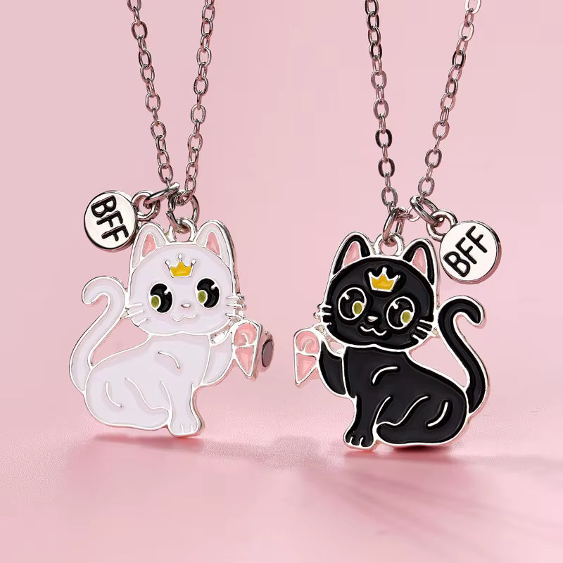 black and white cat friends couple necklace set
