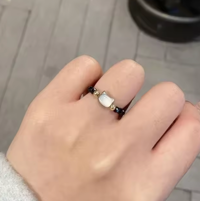 black beaded cat shape moonstone ring