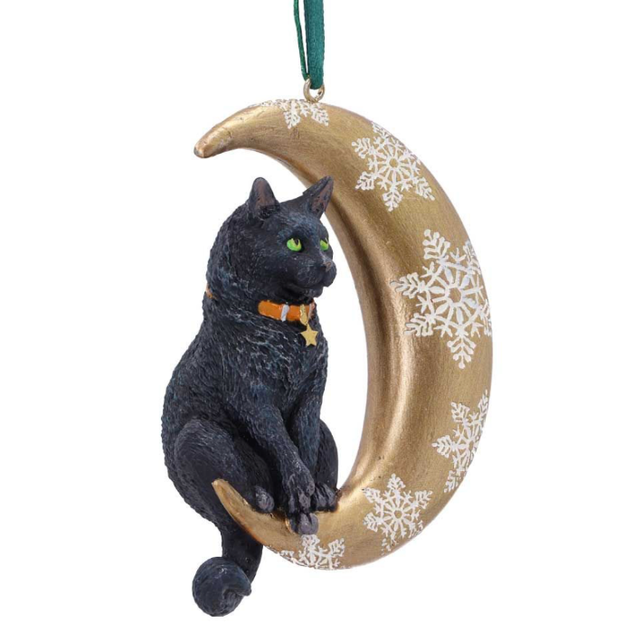 cute Black cat sitting on a golden crescent moon Christmas hanging ornament with white snowflakes
