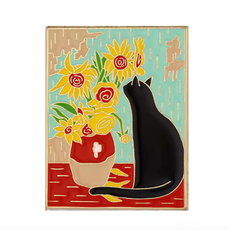 Beautiful enamel pin badge with black cat inspired by Vincent van Gogh’s iconic Sunflowers