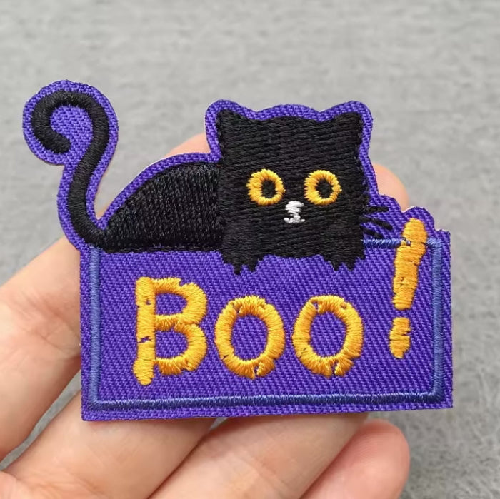 iron-on patch black cat boo slogan halloween purple