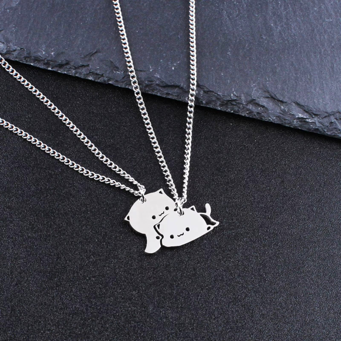 cartoon cat necklace set couple friends stainless 