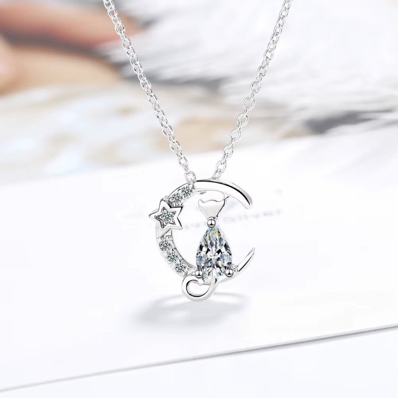 cat and moon pendant with crystals