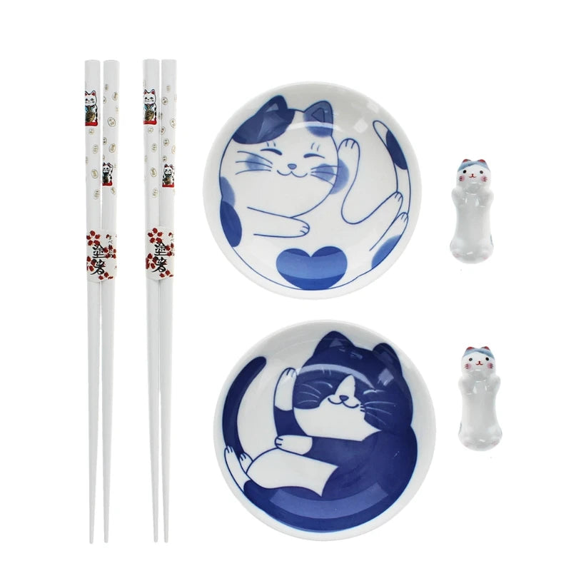 Japanese cat dinnerware, cute cat kitchen accessories, cat lover gift, blue and white noodle bowls.