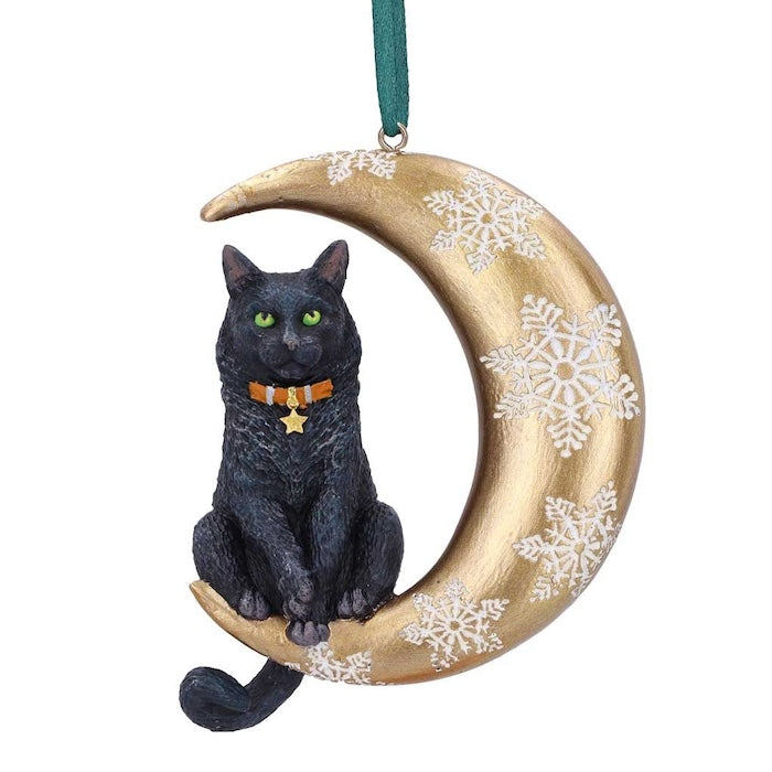 Black cat sits on a golden crescent moon Christmas hanging ornament with snowflakes