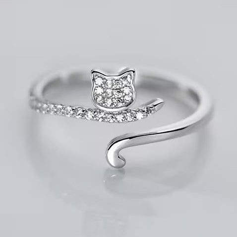 cat ring with crystals cute adjustable jewellery silver