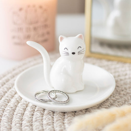 Beautiful small white ceramic trinket dish with a kitty sitting at the centre