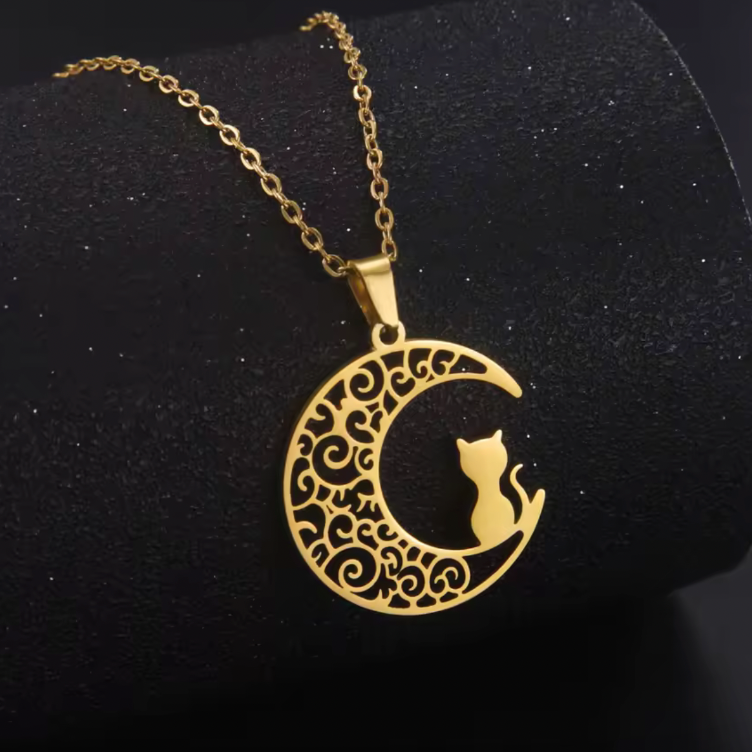 crescent moon cat necklace gold