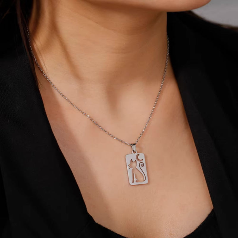 crescent moon cat necklace silver