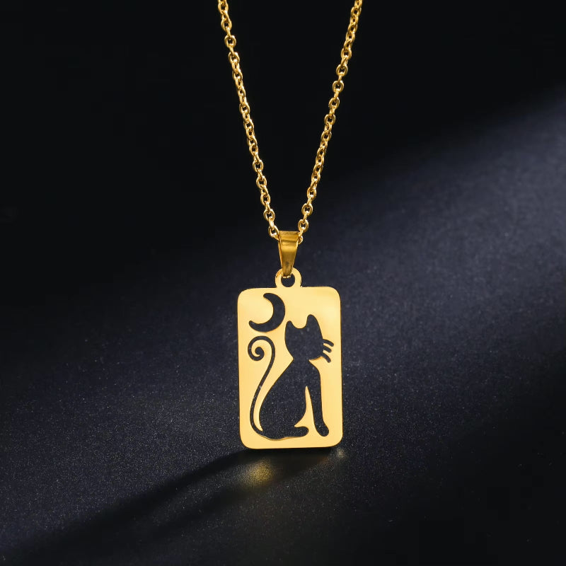 crescent moon cat rectangle necklace