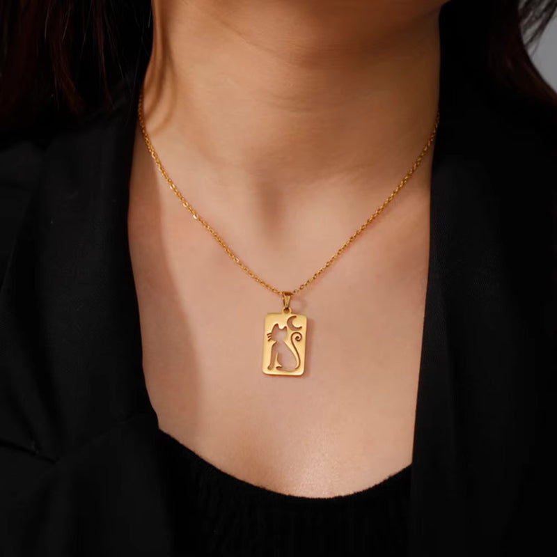 crescent moon cat rectangle necklace golden
