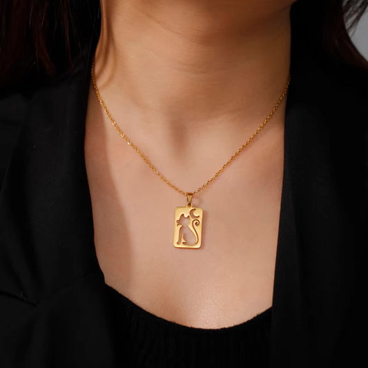 crescent moon cat rectangle necklace golden