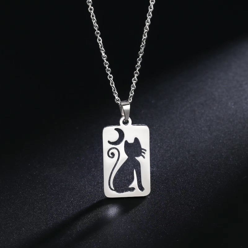 crescent moon cat rectangle necklace silver