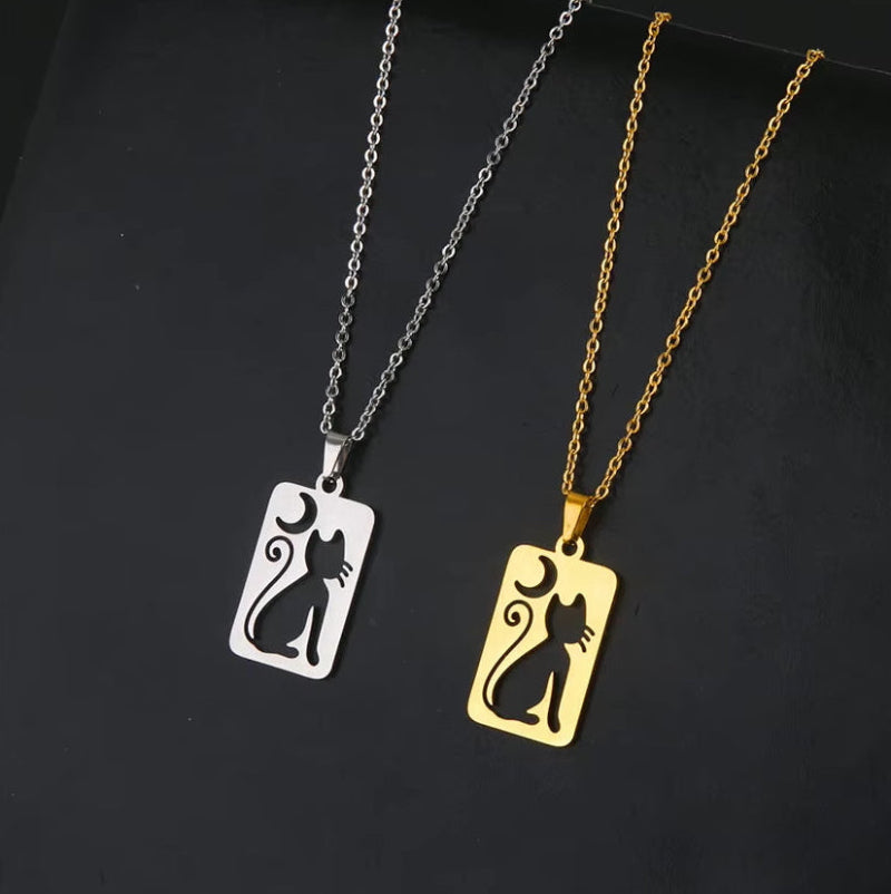crescent moon cat rectangle necklace silver and gold