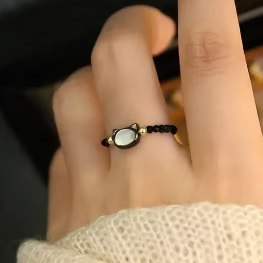 cute beaded cat shape moonstone ring
