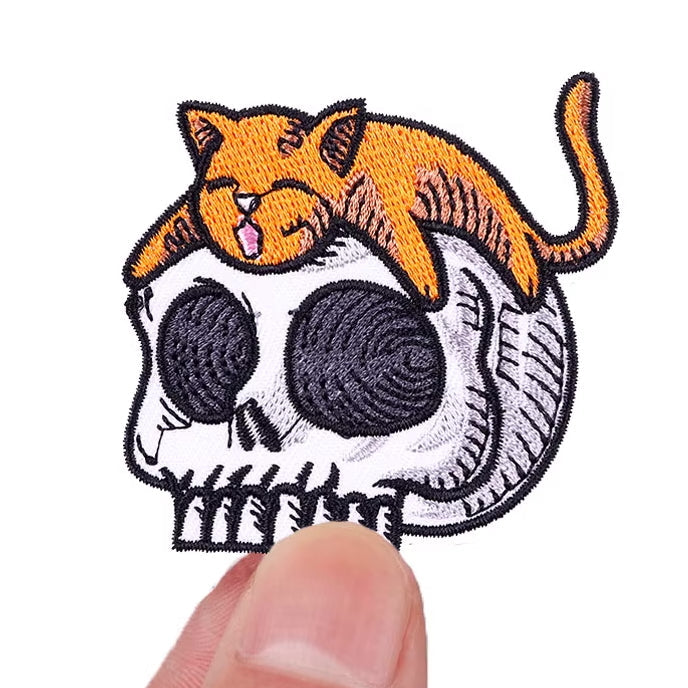 cat on skull cute iron-on patch