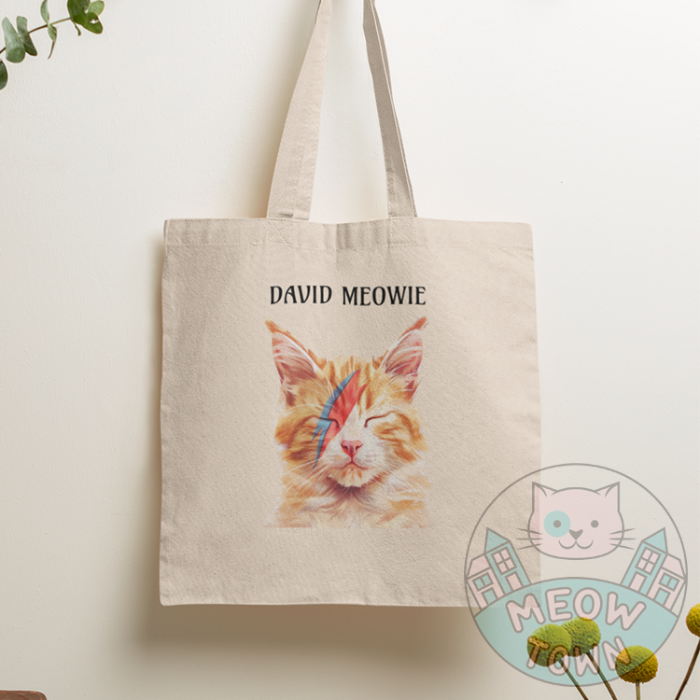 david meowie cat tote bag natural cotton canvas hanging on wall