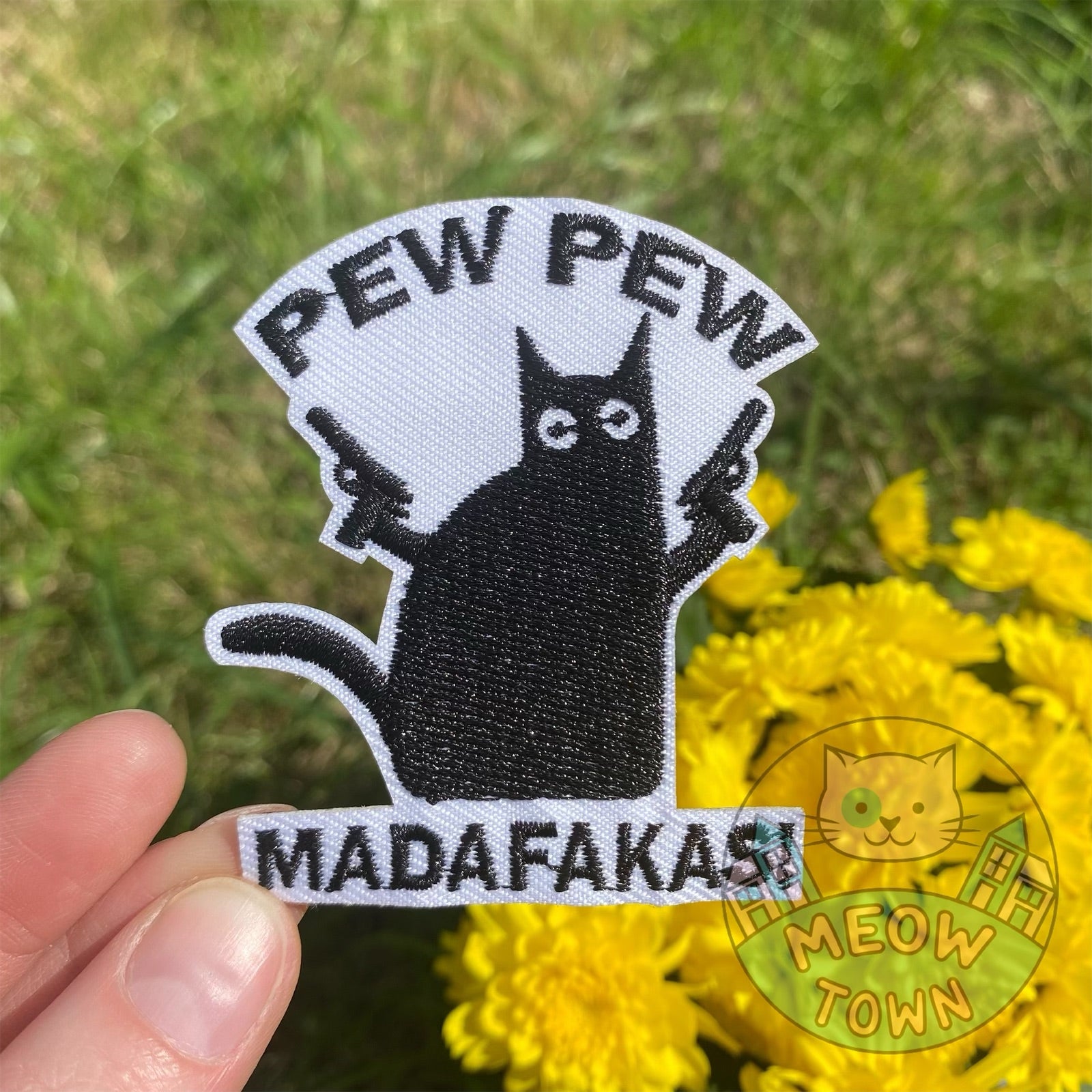 Funny embroidered iron-on patch with ‘Pew pew madafakas!’ slogan. A perfect way to bring new life to your old garments or to cover small holes or marks with this cute patch!