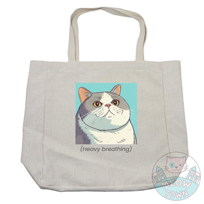 A lovely beige, durable classic tote bag printed in-house by us, exclusively for You. Funny 'Heavy breathing' slogan and kitty illustration. Polyester and cotton fabric, linen effect. Choose from 2 bag types: Classic tote, Large tote.