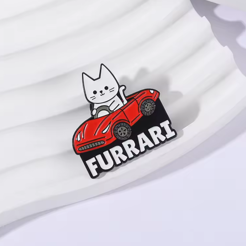 furrari pin badge cat driving red ferrari