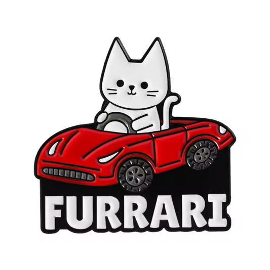 furrari pin badge cat driving ferrari