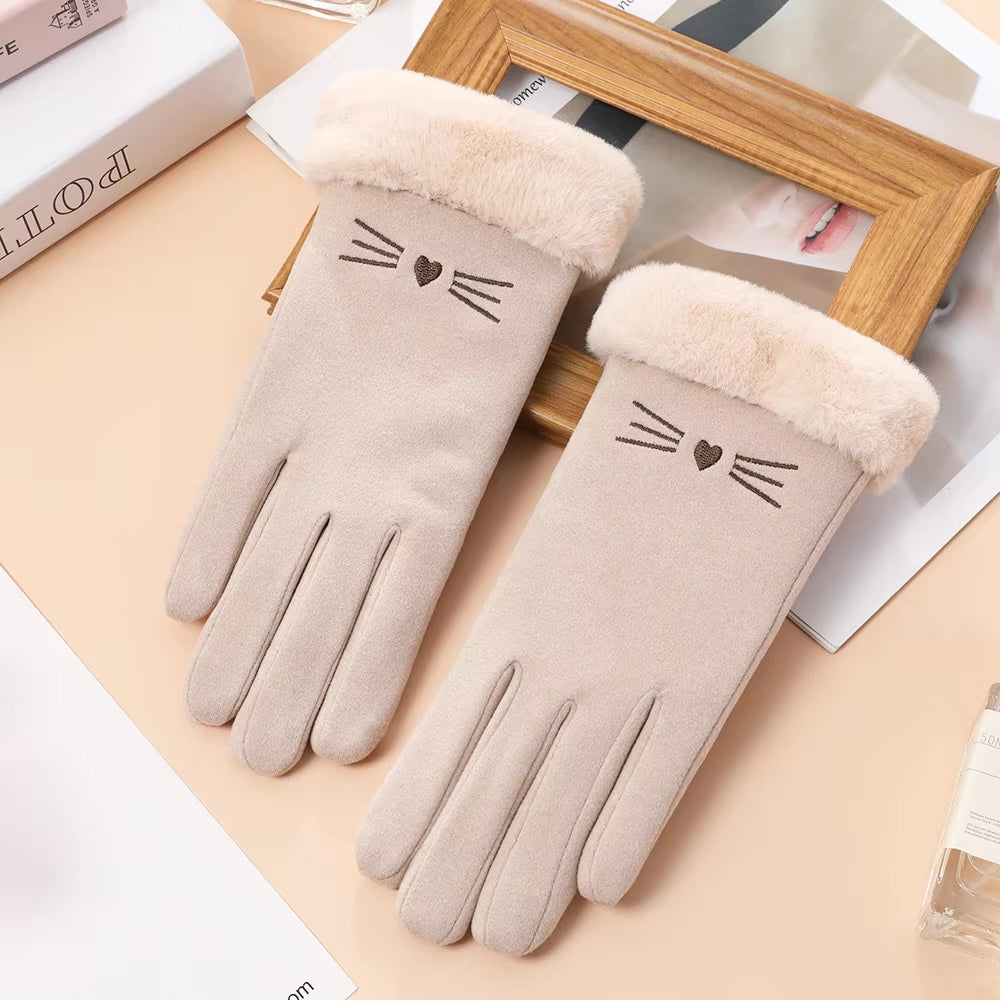 Embroidered Gloves 'Whiskers' With Faux Fur Trim