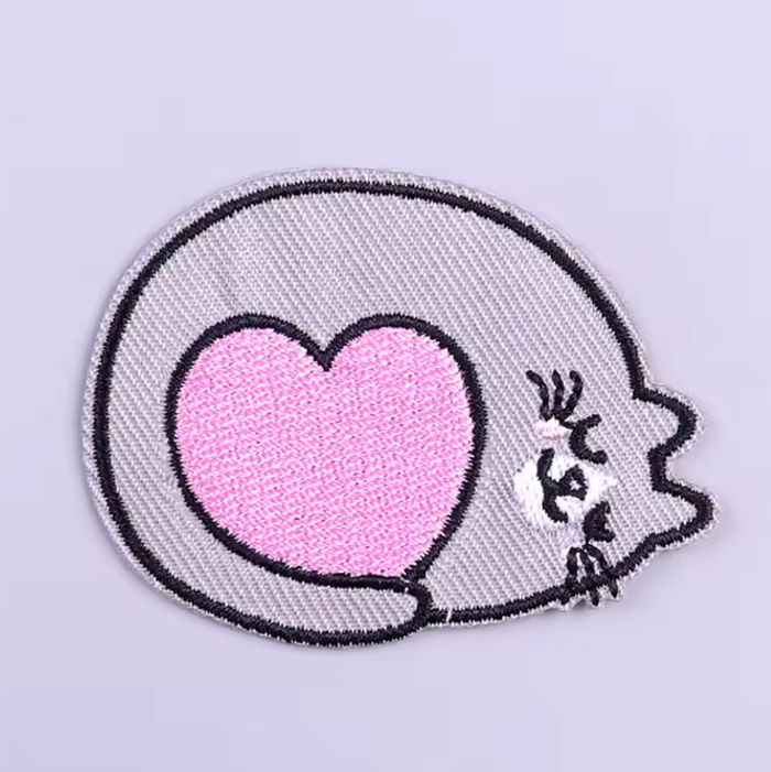 grey cat with pink heart iron-on patch